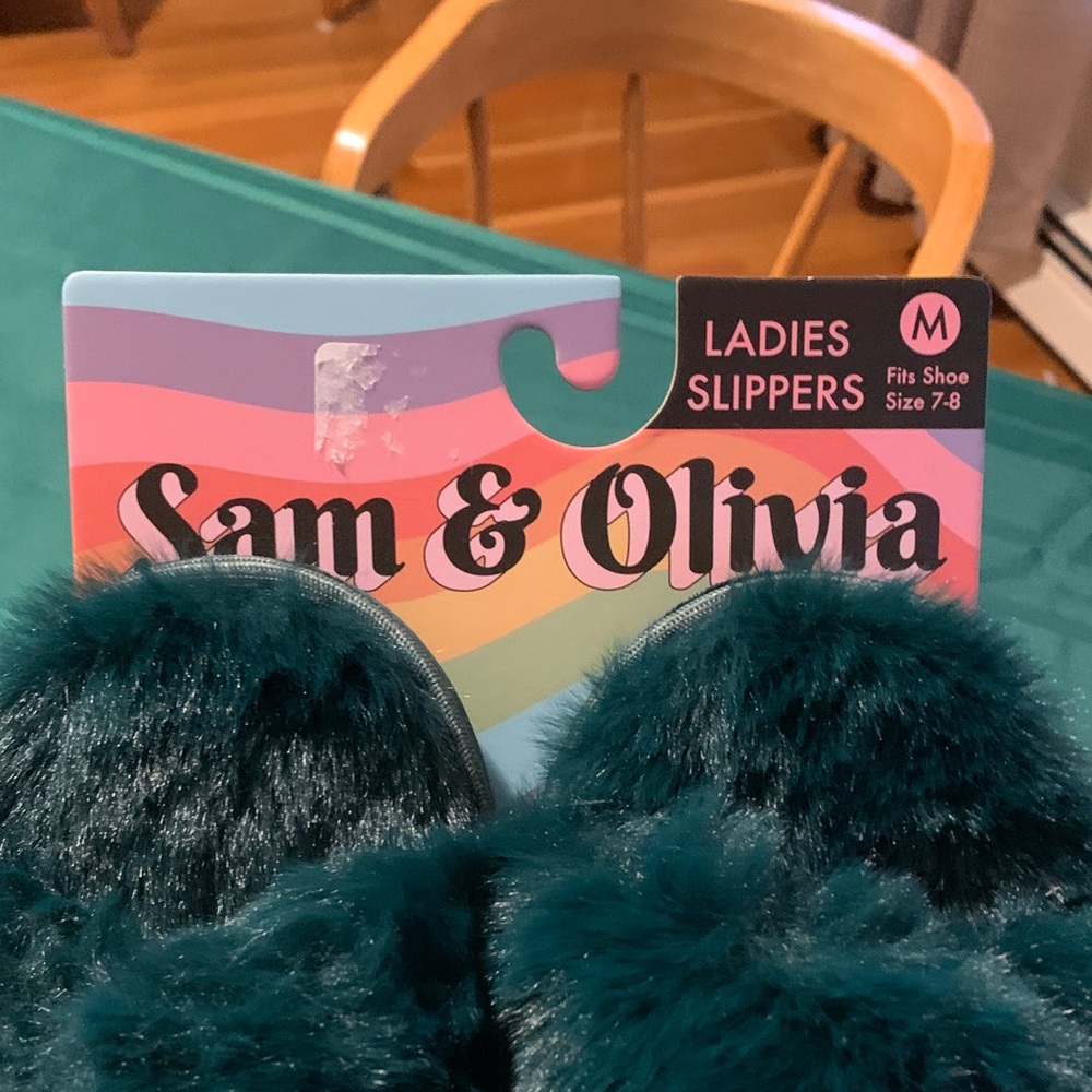 Sam & Olivia Plush Fuzzy Slide Slippers - Teal Green - Picture 3 of 8